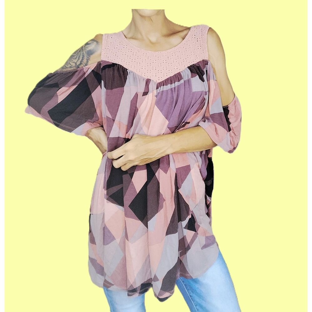 Torrid 4 Super Soft Pink Mauve Geometric Off Shoulder Lace Knit Top Plus Size